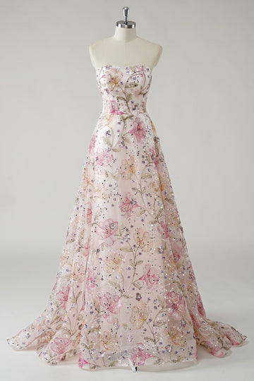 Sparkly Pink A-Line senza spalline paillettes floreale lungo Abito da cerimonia